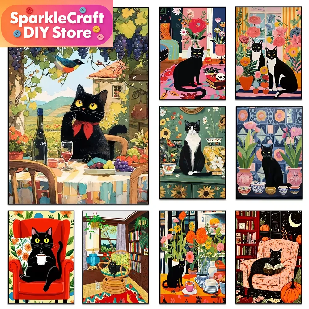 Embroidery Cat - 1pc frameless Cartoon Black Cat Colorful