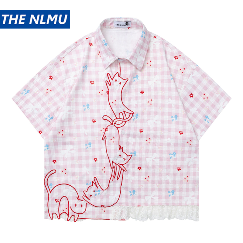 Embroidery Cat - 2026 Summer Casual Plaid Shirt Japanese