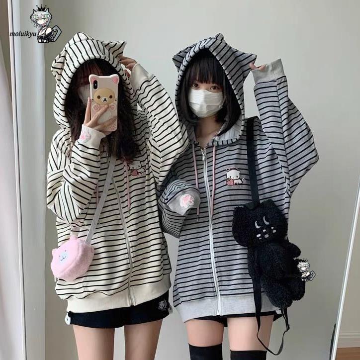 Y2K Women Striped Zip Up Jacke - Embroidery Cat 评论和价格