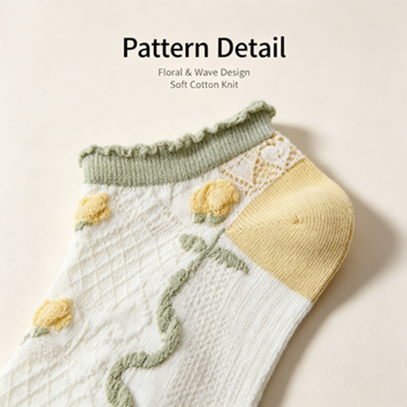 Women 5 Pairs Ruffle Cuff Ankl - Embroidery Yellow Flower 评论和价格