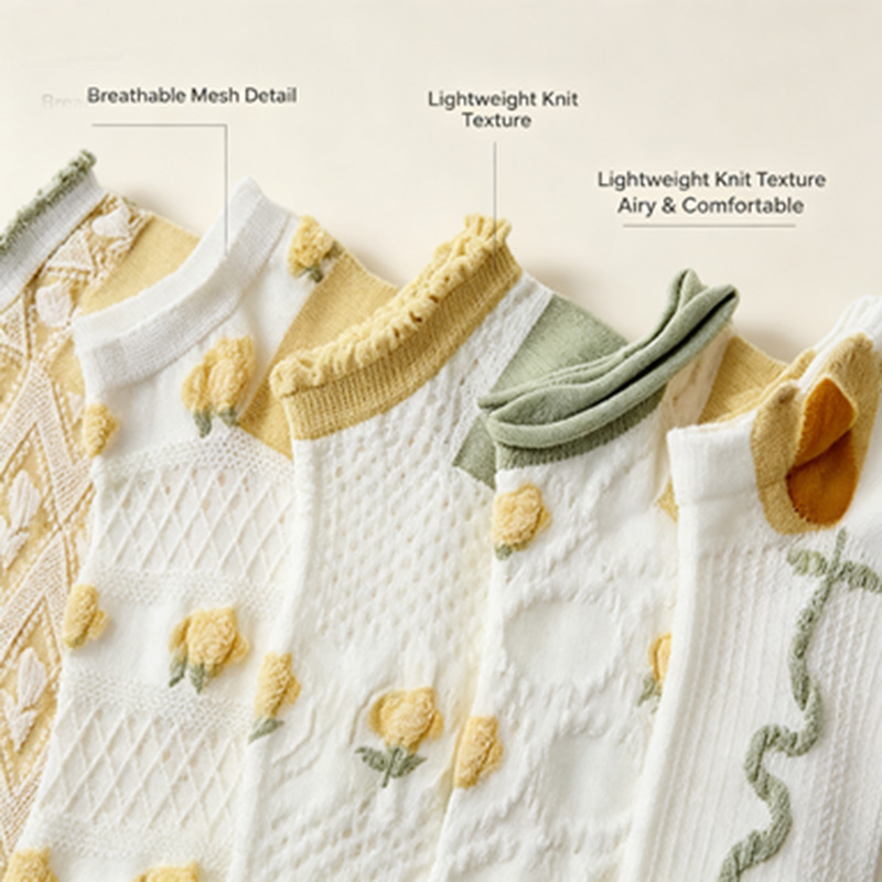 Women 5 Pairs Ruffle Cuff Ankl - Embroidery Yellow Flower 评论和价格
