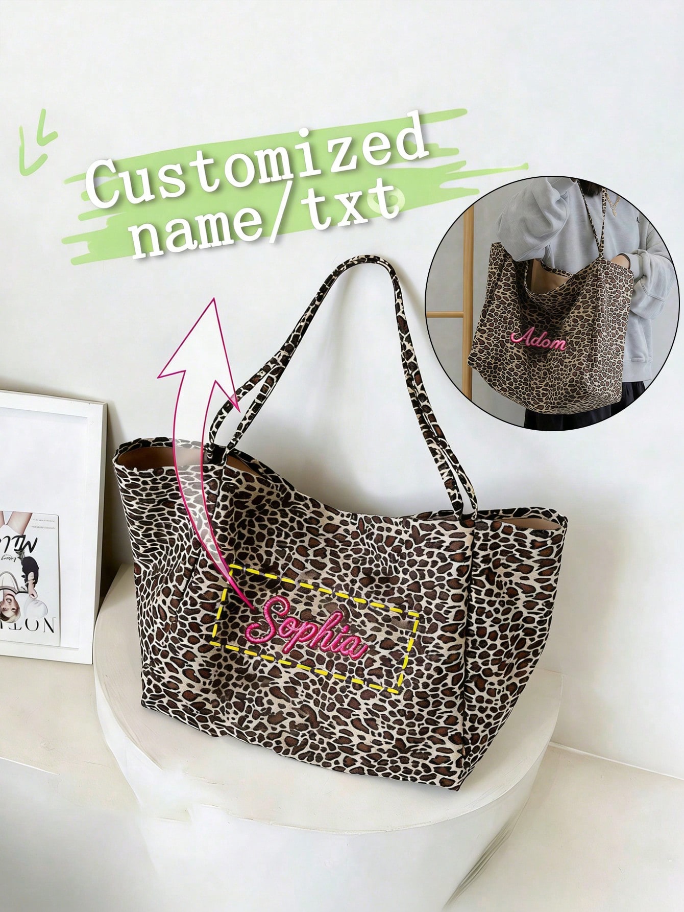 Custom Name Leopard Print Tote - Embroidery Names 评论和价格