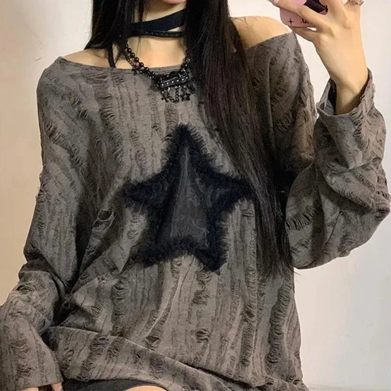 Y2K Hole Star Print T-Shirt Wo - Embroidery Class 评论和价格