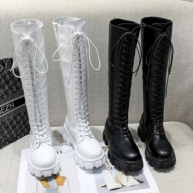 Women Knee High Boots Lace Up  - Embroidery White 评论和价格