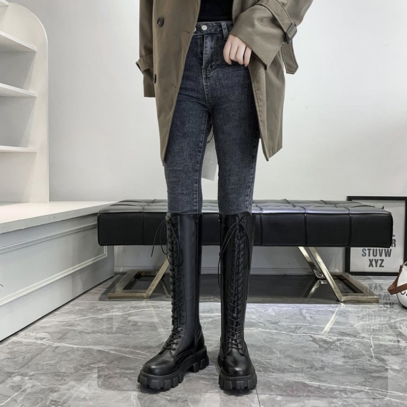 Women Knee High Boots Lace Up  - Embroidery White 评论和价格