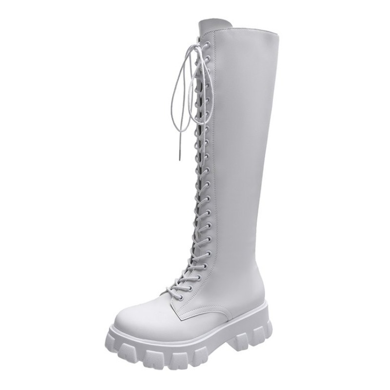 Women Knee High Boots Lace Up  - Embroidery White 评论和价格